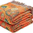 XIBLC Boho Throw Blanket, 100% Cotton Ultra Soft Luxury Throw Rustic Quilt, 80"x90" Floral Printed Farmhouse Decor Bed Summer Blankets, All Season Rustic Reversible Bohemian Throw for Bed - Orange