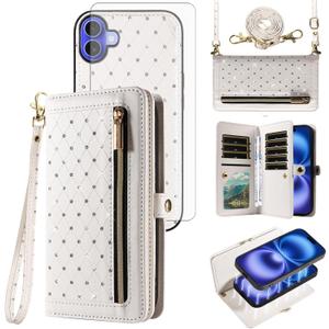 Asuwish Phone Case for iPhone 16 6.1 inch Zipper Wallet Detachable Cell Cover with Tempered Glass Screen Protector Crossbody Strap Bling Flip Credit Card Holder i Phone16 i16 16Case Women Girls White
