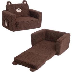 ALIMORDEN Fold Out Toddler Couch, Comfy 2-in-1 Cuddly Sherpa Bear Chair for Kids, Convertible Sofa to Lounger, Kids Cozy Corner Play Couch for Boys and Girls, Chocolate