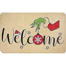 Erweicet Christmas Door Mat Xmas Welcome Christmas Mat Non-Slip and Washable Winter Doormat Rubber Back Snowflakes Door Mat Rugs for Indoor Outdoor(Green Hand Pattern)