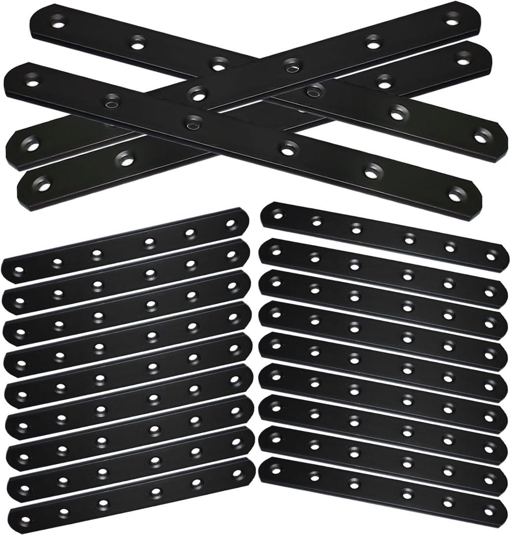 20Pack Straight Brackets Black, 6.5Inch 160MM Mending Plate Metal Brackets for Brace, Heavy Duty Joining Plates for Wood Fence Bookcase Cabinet, Straight Brace Repairing Mending Plates