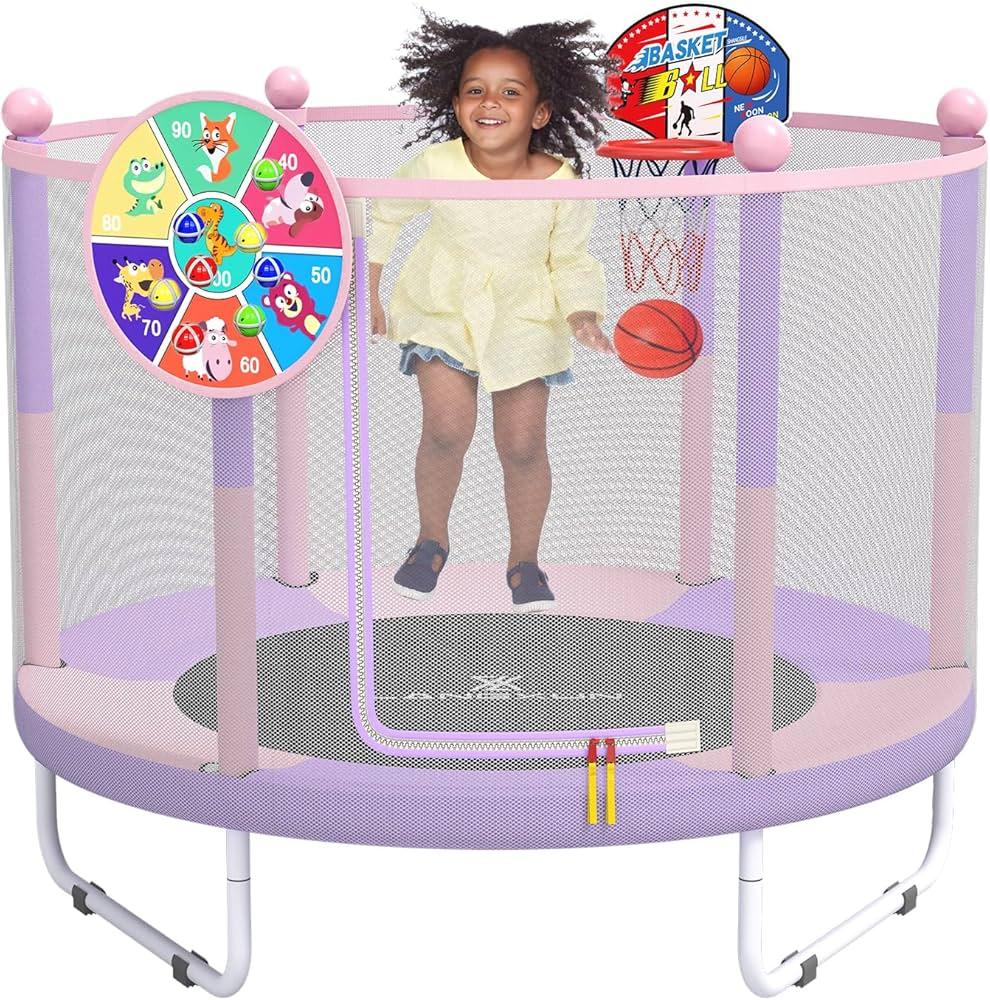 LANGXUN 60" Trampoline for Kids, 5ft Toddler Mini 3-in-1 Trampoline Indoor Outdoor with Basketball Hoop, Dart Board, Christmas Hoilday Toys Birthday Gifts for Girls Boys Age 1-8