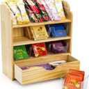 Tlence 4 Tier Wood Tea Bag Organizer, 15"x12.3"x4.5" Vertical Tea Storage Holder, Teabag Station Stand with 9 Plastic Box, Tea Packet Rack with Slide Drawer, Teabag Cabinet Shelf for Sugar and Creamer