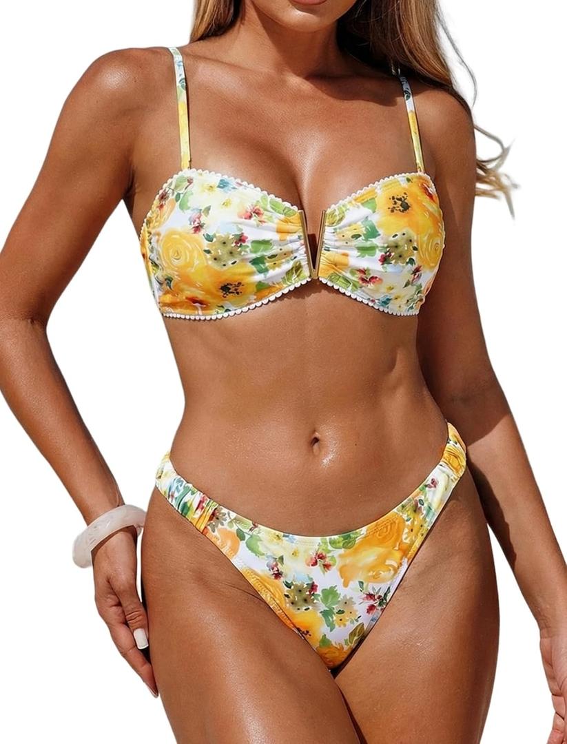 ZAFUL Women's 2 Piece Bikini Set Floral Print V Wired Strapless Lace Up Tie Back High Cut Bandeau Bathing Suits Swimwear, S