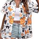 2 x Womens Halloween Hawaiian Shirt Cute Pumpkin Spooky Castle Graphic Tee Magical Halloween Short Sleeve Button Up Tops (M)