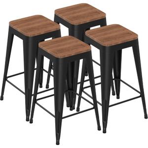 Barstools Set of 4 Black Metal Bar Stools Industrial Modern Bar Chairs with Wood Top for Kitchen Island Counter Height Cafe Resturant Stools, 26 inch (26 inch Counter Height, Black Without Back)