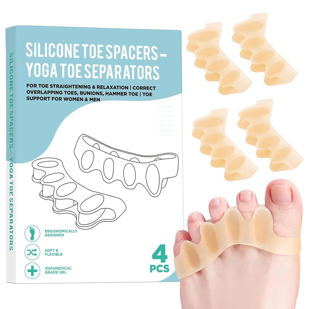 4 Pcs Silicone Toe Spacers  Yoga Toe Separators for Toe Straightening & Relaxation | Correct Overlapping Toes, Bunions, Hammer Toe | Toe Support toe separators for Women & Men (Tan, 3.98)