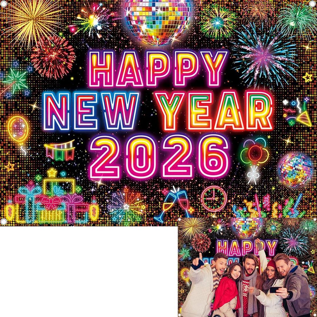 2026 Happy New Year Neon Backdrop 2026 New Years Eve Photography Background NYE Colorful Firework Year's Eve Party Decorations Banner Booth Props (7x5FT(2.1m x 1.5m))