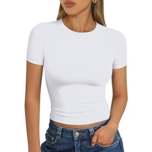 Trendy Queen Womens Short Sleeve T Shirts - Buttery Soft Summer Crop Tops Slim Fit Y2k Basic Tees for Workout M