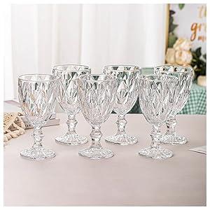 Vintage Glasses Set of 6, Plastic Reusable 12 Ounce Colored Water Goblets, Unique Embossed Pattern Unbreakable Stemmed Glasses High Clear Wedding Party Bar Drinking Cups Clear