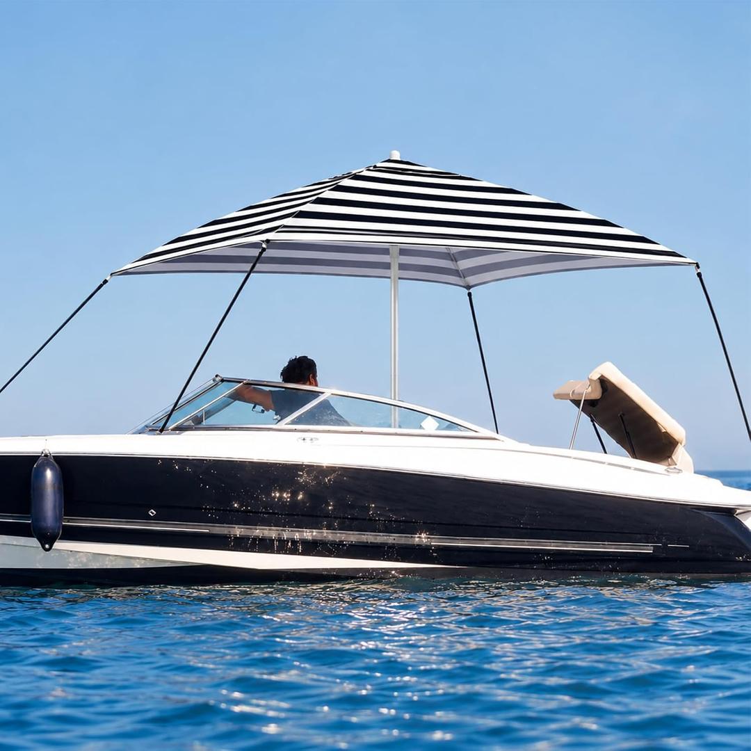 Briwooody 6 x 6 ft Boat Umbrella Canopy Boat Sun Shade Kit Waterproof Bimini Top Cover Thickened Straps up to 94 Inches Long with D-Shaped Buckles Storage Bag (Stripes,Black and White)