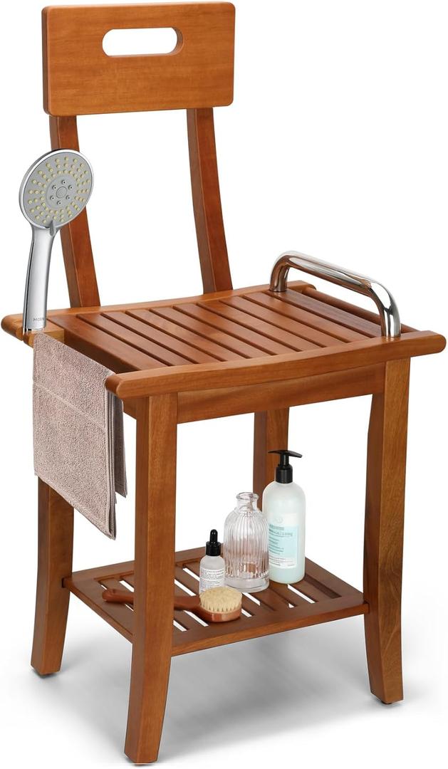 Teak Shower Chair with Handles and Backrest,18.7" Teak Shower with Non-Slip Feet Shower Head Holder and Storage Shelf for Seniors Adults Disabled Pregnant