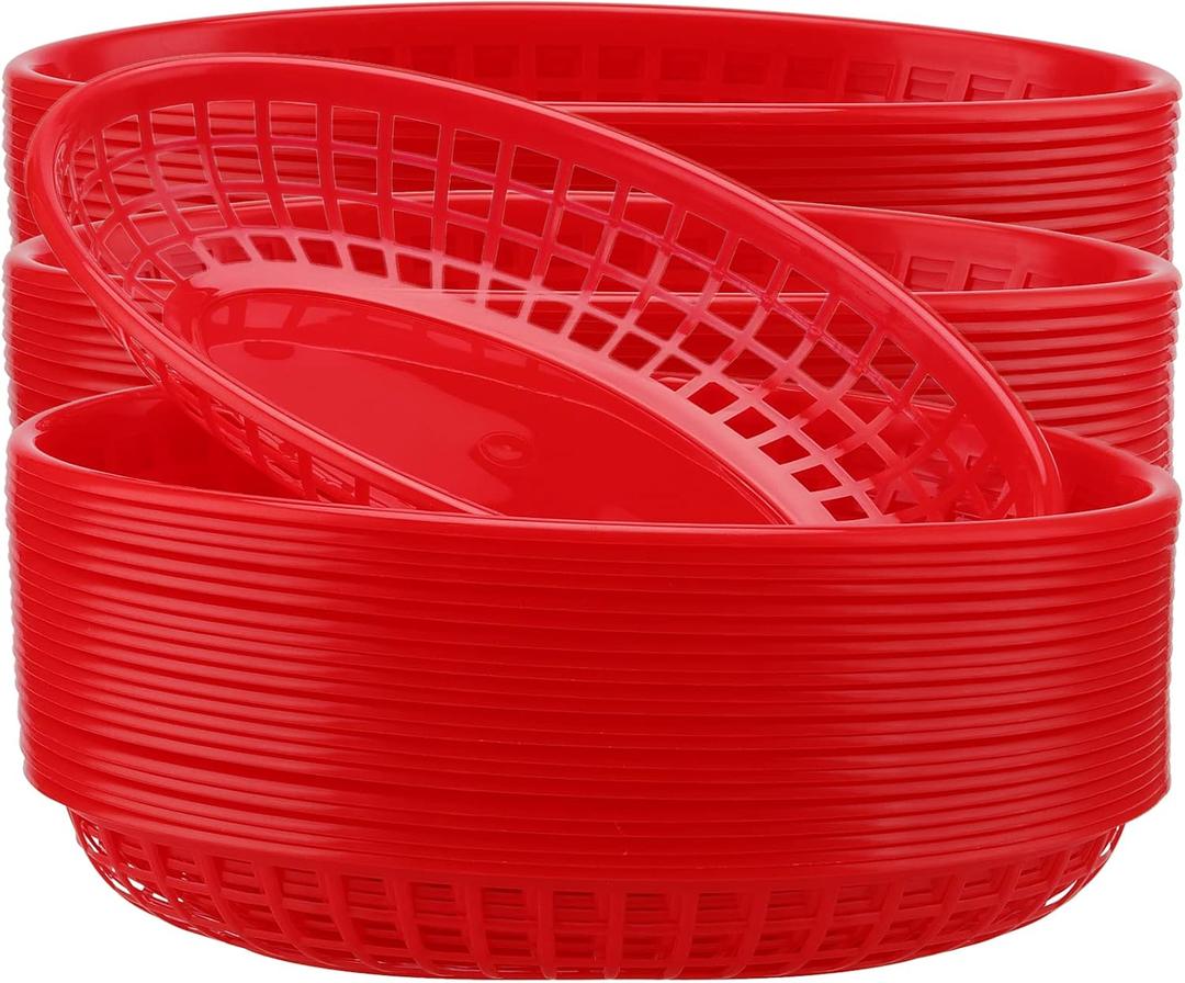 HOZEON 60 Pack 8.9 x 5.5 Inches Red Fast Food Baskets, Plastic Food Serving Baskets, Oval Bread Fry Basket Deli Baskets Restaurant for Burgers, Sandwiches, Barbecues