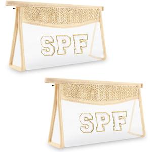 2 Pcs Boho Straw Clear Makeup Letter Pouch, Sunscreen Bags for Travel Beach, Waterproof SPF Best Beach Accessories