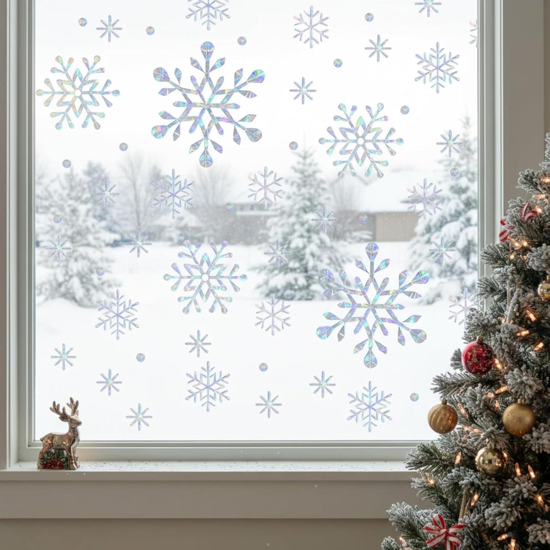 156 Pcs Snowflake Window Clings for Glass Windows Decorations 4 Sheets Snowflake Window Stickers Anti Collision Decals to Save Birds Non Adhesive Prismatic Rainbow Stickers for Christmas Windows Decor