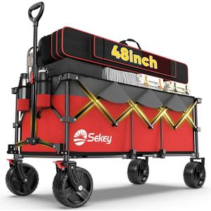 Sekey 48''L Collapsible Foldable Extended Wagon with 660lbs Weight Capacity, Heavy Duty 300L Folding Utility Garden Cart with Big All-Terrain Beach Wheels & Drink Holders. Red&Grey