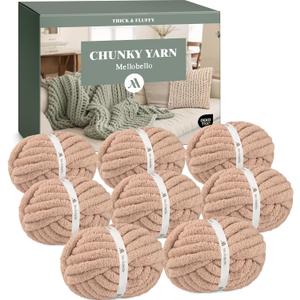 Mellobello Jumbo Chunky Yarn for Hand Knitting - Super Thick Chenille Chunky Yarn for Crocheting - Extra Soft Bulky Fluffy Blanket Big Yarn 8 Jumbo Pack (27yds,8 oz Each Skein) Light Brown