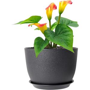 Meowell 12 inch Large Plant Pots, Plastic Planters with Drainage Holes and Saucers, Flower Pots for Indoor Outdoor Plants, Modern Decorative Pots for Garden House Plants, Black