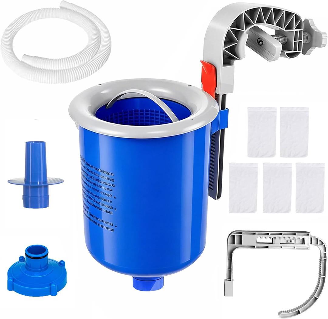 Above Ground Pool Skimmer with 5 Skimmer Socks, Wall Mount Surface Skimmer with Hose & Basket, Compatible with Intex Pools, Adjustable Floating Filter, Automatically Removes Leaves & Debris