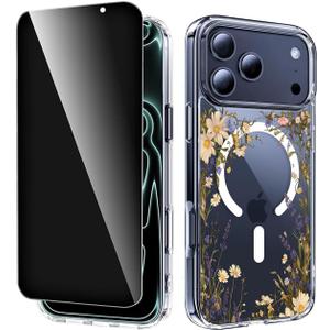 for iPhone 17 Pro Max Women Flowers Floral Case with Privacy Screen Protector,Compatible with MagSafe Slim Magnetic Shockproof Phone Case for iPhone 17 ProMax Girly Flower Cover Design (Clear)