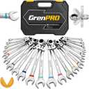 GRENPRO 23PCS Flex-Head Ratcheting Wrench Set, Combination Ratchet Wrenches Set Metric and Standard & SAE with Organizer Box, 6-18mm & 1/4" to 3/4" with Color Ring, CRV Socket Mechanic Tools Sets