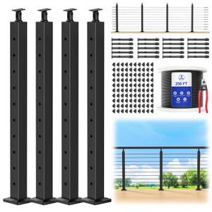 CKE 15-20ft Complete Set 36" Cable Railing Post Kit, 4Pack Adjustable Top Level Drilled Line Posts(35"x2"x2"), 250ft 1/8" Wire Rope, Black Swageless Invisible Cable Railing Kit (No Handrail) LPS01