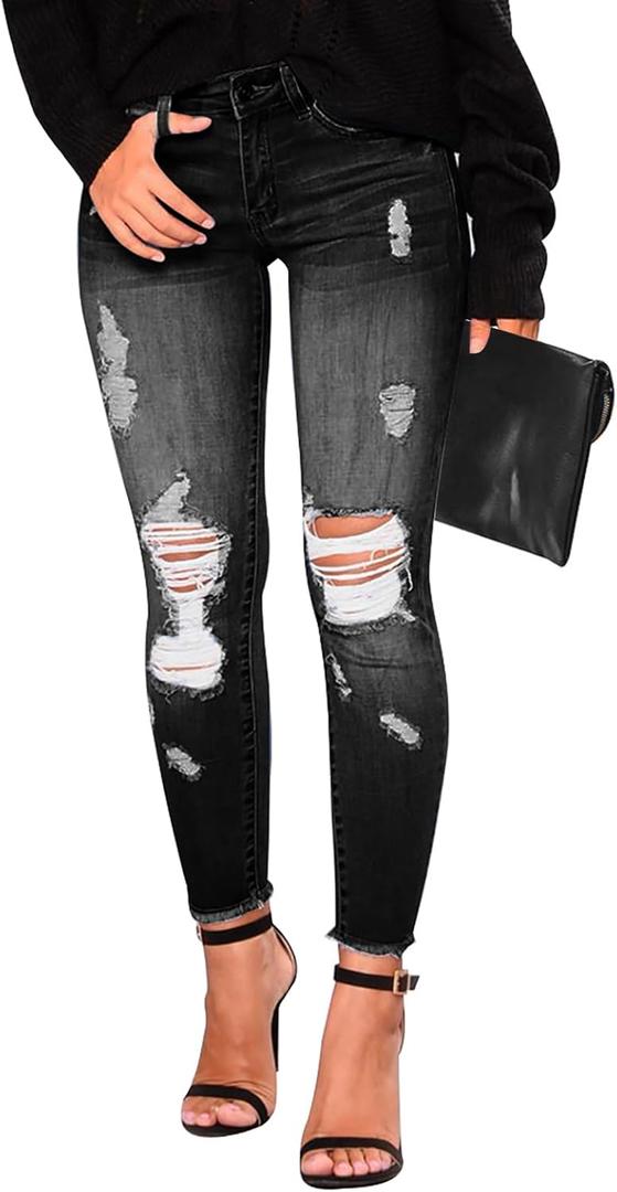 KUNMI Women's Skinny Ripped Trendy Jeans Distressed Stretchy Denim Pants (14, J001-black)