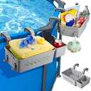 2 Pack Poolside Storage Basket, Above Ground Hanging Pool Storage Basket with Cup Holders Hooks for Towels, Pool Accessories for Most Above Ground Pool, Grey