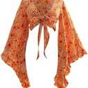 BEAUDRM Women's Y2K 70s Western Tops Tie Front Boho Tops Long Bell Sleeve Country Concert Outfits Cowgirl Hippie Disco Outfit, S, Orange