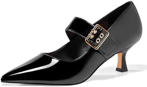 Coutgo Womens Kitten Heels Mary Jane Shoes Closed Pointed Toe Dress Shoes Buckle Work Office Pump Shoes ( 7 )