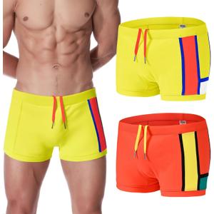 Men's Swim Trunks Low Rise Bulge Pouch Boxer Briefs Sexy Bathing Suit Swimwear Square Leg Swimsuit (M, Yellow)
