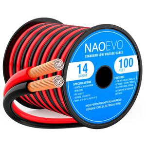NAOEVO 14 Gauge Wire 100FT, 2 Conductors Electrical Wire Red Black Cable, Flexible/Low Voltage/PVC 14 AWG Copper Clad Aluminum Extension Cord for Speaker, LED Strips, Automotive 12V/24V DC