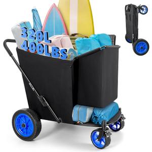 KEDSUM 11.3 Cu.Ft. 400LBS Large Capacity Beach Wagon with Big Wheels for Sand, 12" Rubber Wheels Beach Cart, Heacy Duty Collapsible Wagon for Sand, One-Click Foldable