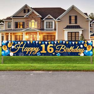 Large Happy 16th Birthday Banner Backdrop Blue Gold 16 Birthday Sign 16 Year Party Decoration Supplies for Kids Boys Wall Yard, 118inches * 20inches