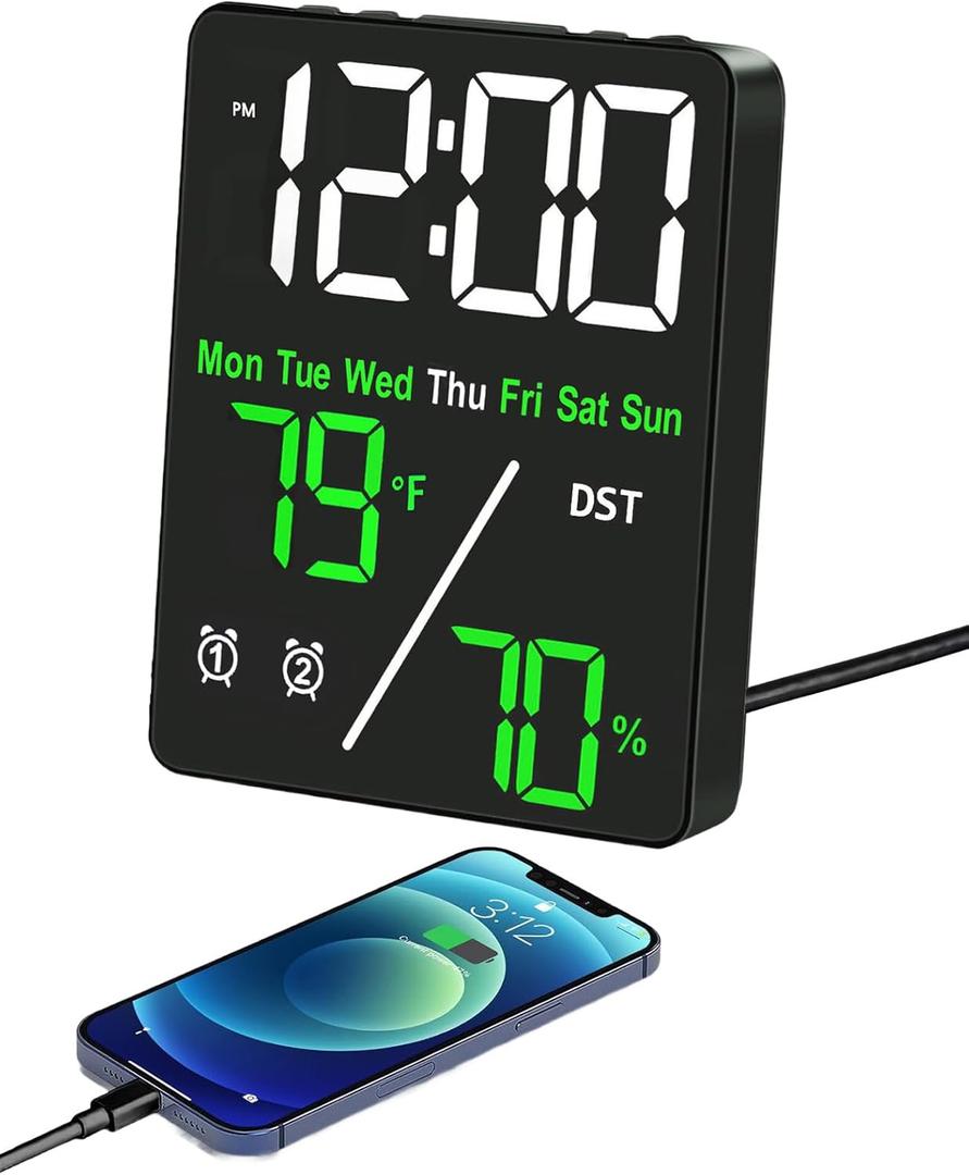 Digital LED Alarm Clock with Thermo-Hygrometer,Dual Alarms,Snooze,Date & Year Display,12/24 Hour Switch,Weekdays,DST,Auto Dimmable with 3 Brightness Levels,USB Output (5V1A), White+Green Digits 