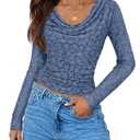 ZESICA Women's Long Sleeve Floral Tops Cowl Neck Slim Fit Going Out Shirts 2026 Spring Fashion Outfits Clothes Dusty Blue Medium