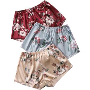 OYOANGLE Women's 3 Pieces Floral Print Satin Sleep Pajama Shorts Loungewear Shorts (Burgundy Blue Apricot)