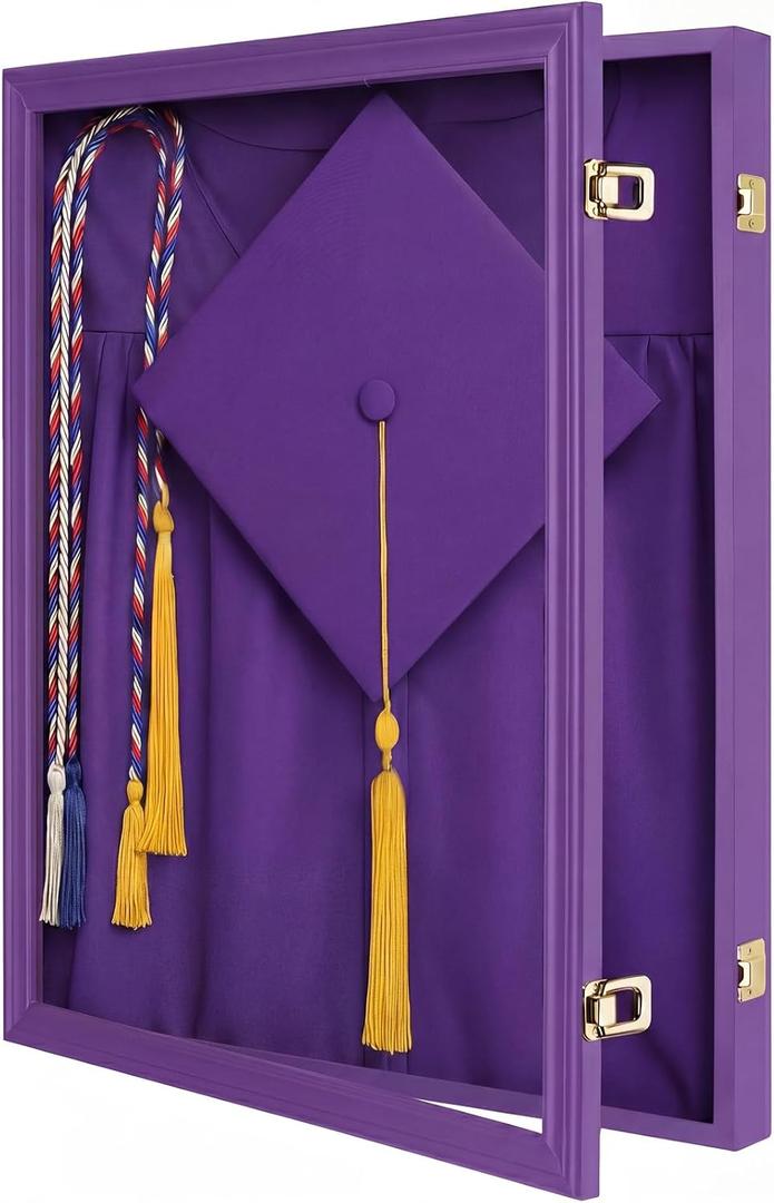 CroBlissful 17"x23" Graduation Shadow Box Frame Large Wood Display Case with Stick Pins Hanging Hardware Graduation Gown Display Memory Shadow Box for Cap Gown Diploma Stole Cords (Purple)