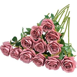 Helera 12pcs Roses Artificial Flowers Fake Roses Dusty Rose Pink Silk Roses Silk Flowers Rose with Long Stems for Wedding Home Party Centerpieces Decorations
