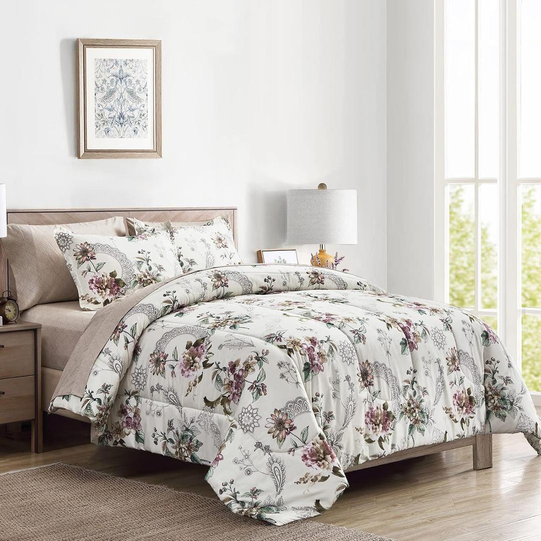 6 Pieces Bed in a Bag Twin Comforter Set with Sheets, Beige Floral Design, Soft Microfiber Bedding Sets for Kids (1 Comforter, 2 Pillow Shams, 1 Flat Sheet, 1 Fitted Sheet, 1 Pillowcases)