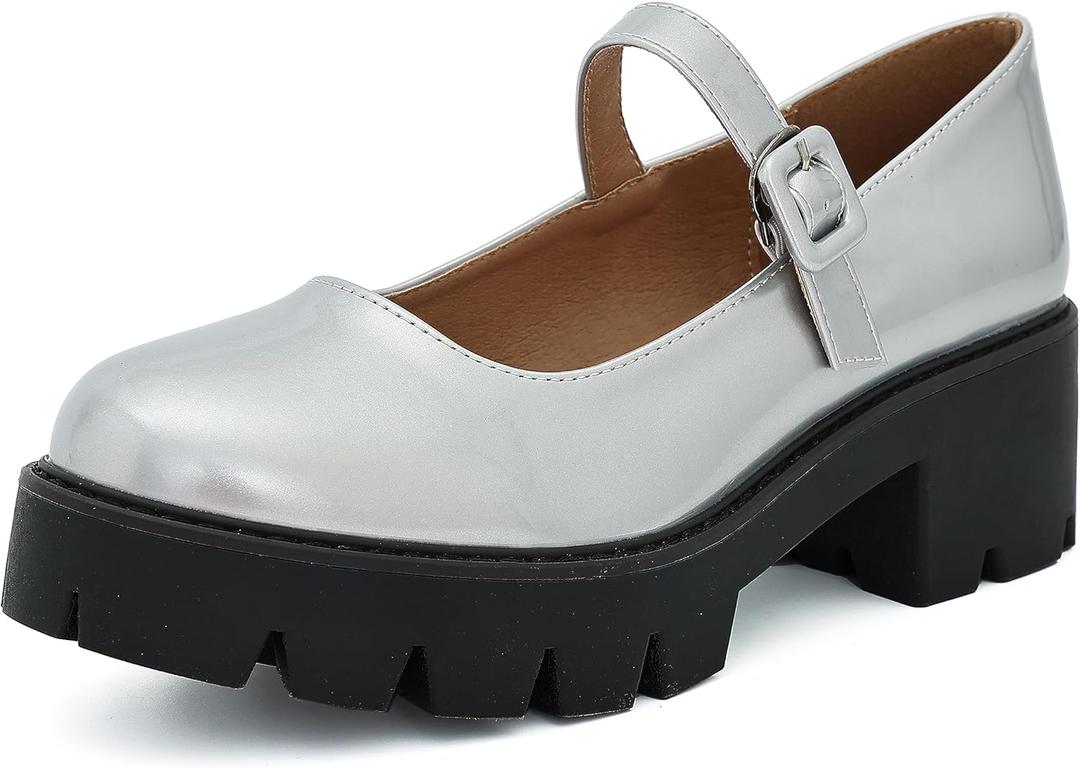 Women's Round Toe Ankle Strap Mary Janes Platform Low Heel Chunky Pumps Oxford Dress Shoes, Size 43