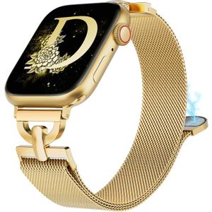 Stainless Steel Magnetic Loop Compatible with Apple Watch Band 42mm 44mm 45mm 46mm 49mm Women Metal Mesh D-shaped Clasp Strap for iWatch SE Series 10/9/8/7/6/5/4/3/2/1/Ultra(1/2) Gold