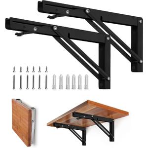 Storystore Folding Shelf Brackets - 10 Inch Heavy Duty Metal Collapsible Shelf Bracket for Bench Table, Shelf Hinge Wall Mounted Space Saving DIY Bracket, Max Load: 150 lb (2 PCS, Black)