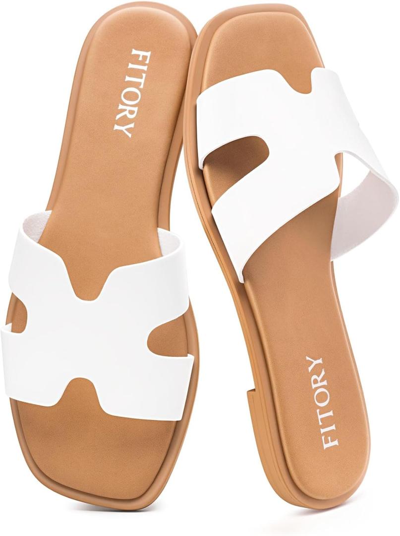 FITORY Women's Slide Sandals, Flat Fashion Square Open Toe with Cushion Slippers for Summer Beach, Size 8 (White)