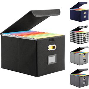 Collapsible File Box with Lid & Plastic Slide - Hanging Document Organizer for Office/Home, 14.96x12.6x10.83 Inch,Decorative Home File Bin,Black, 1 Pack (No Folders Included)