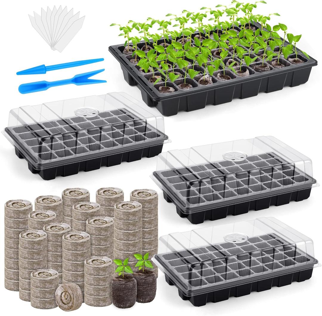 3 Pack Seed Starter Tray Kit 120-Cells Germination Starter Tray with Humidity Dome and Base Including 120 Peat Pellets, Plant Labels, Tool, Plastic Plant Growing Tray for Garden Planting, Black