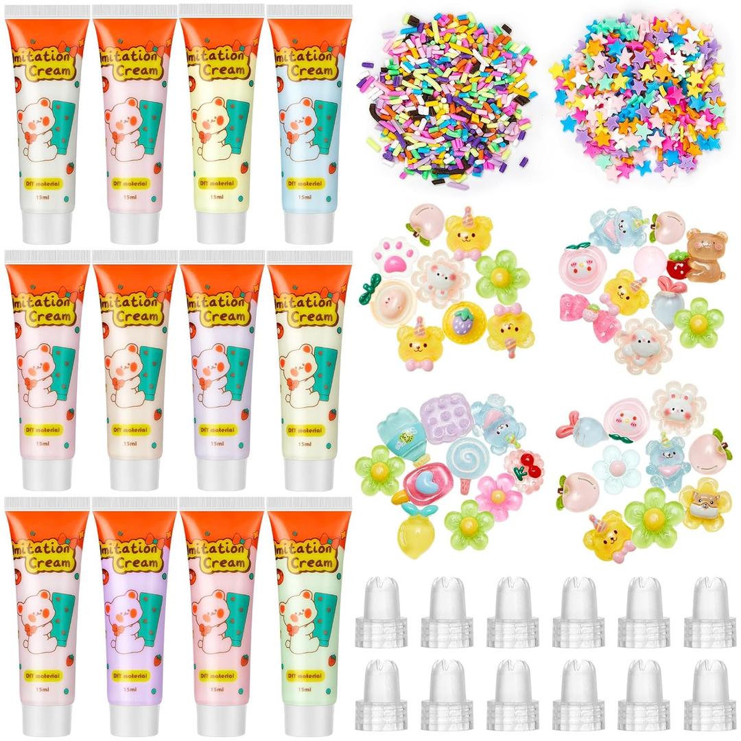Lineshading 12 Set DIY Phone Case Kit Whipped Cream Glue Kit Include 12 Simulation Cream Glue 15ml with Nozzle 2 Pack Theme Decorations 2 Pack Decorating Accessories for Craft Birthday Gift (Lovely)