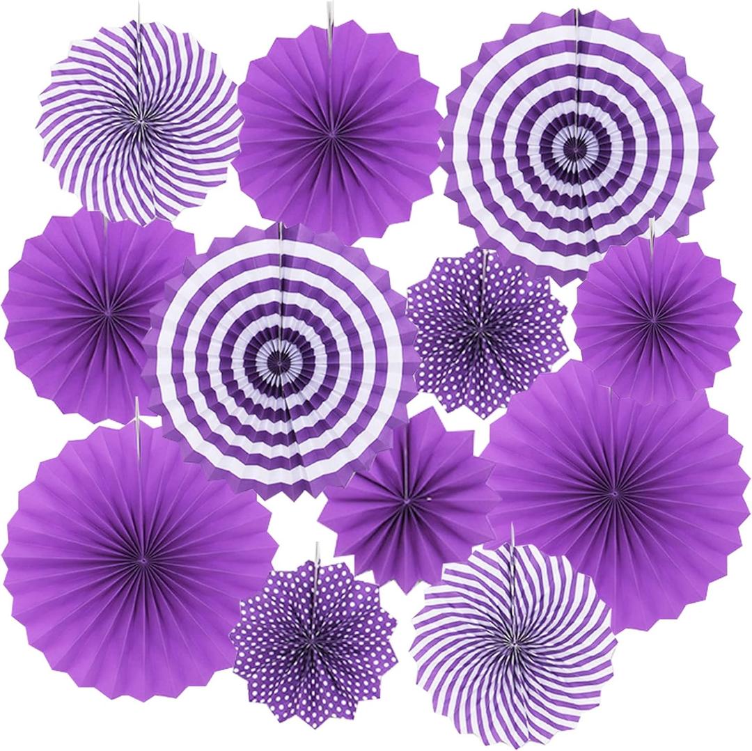 LRCXL 12PCS Party Hanging Paper Fans Set, Fiesta Round Pattern Paper Garlands Decoration Party Supplies for New Year Baby Shower Birthday Wedding Graduation Events Accessories(Purple)