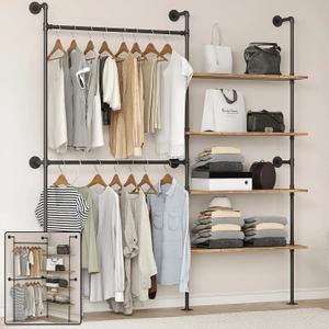 Industrial Pipe Clothing Rack Wall Mounted Heavy Duty, Space Saving Garment Hanger System for Wardrobe/Walk-in Closet,Black