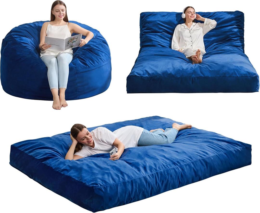 Hobestluk Giant Bean Bag Chair Bed for Adults, Large Bean Bags with High-Density Foam Filling, Convertible Big Sofa Bed Couch for Living Room, Bedroom, Playroom (Blue, Full)
